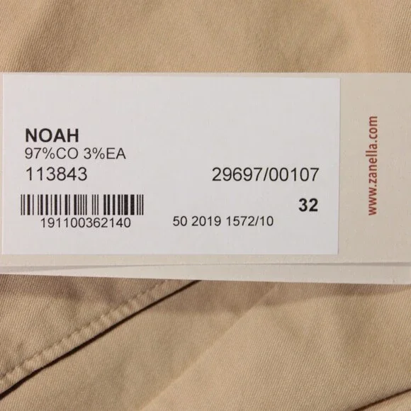Zanella NWT Chinos / Casual Pants Size 32 US Noah In Solid Beige Cotton Blend